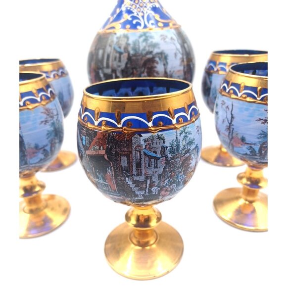 Murano Cobalt Blue Gold Pedestal Italian Victorian Scenes Decanter Wine Glasses - Picture 13 of 15